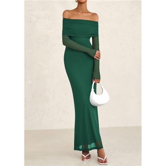 Elegant Off The Shoulder Formal Maxi Dress Green - Picture 4 of 6